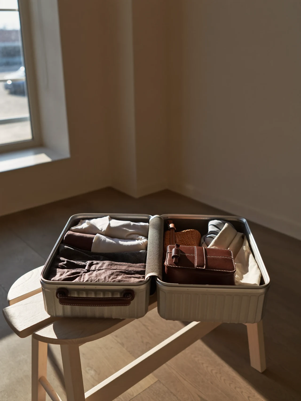 Offener Wochenendkoffer mit sorgfältig geordneter Kleidung und Reisezubehör am Fenster.